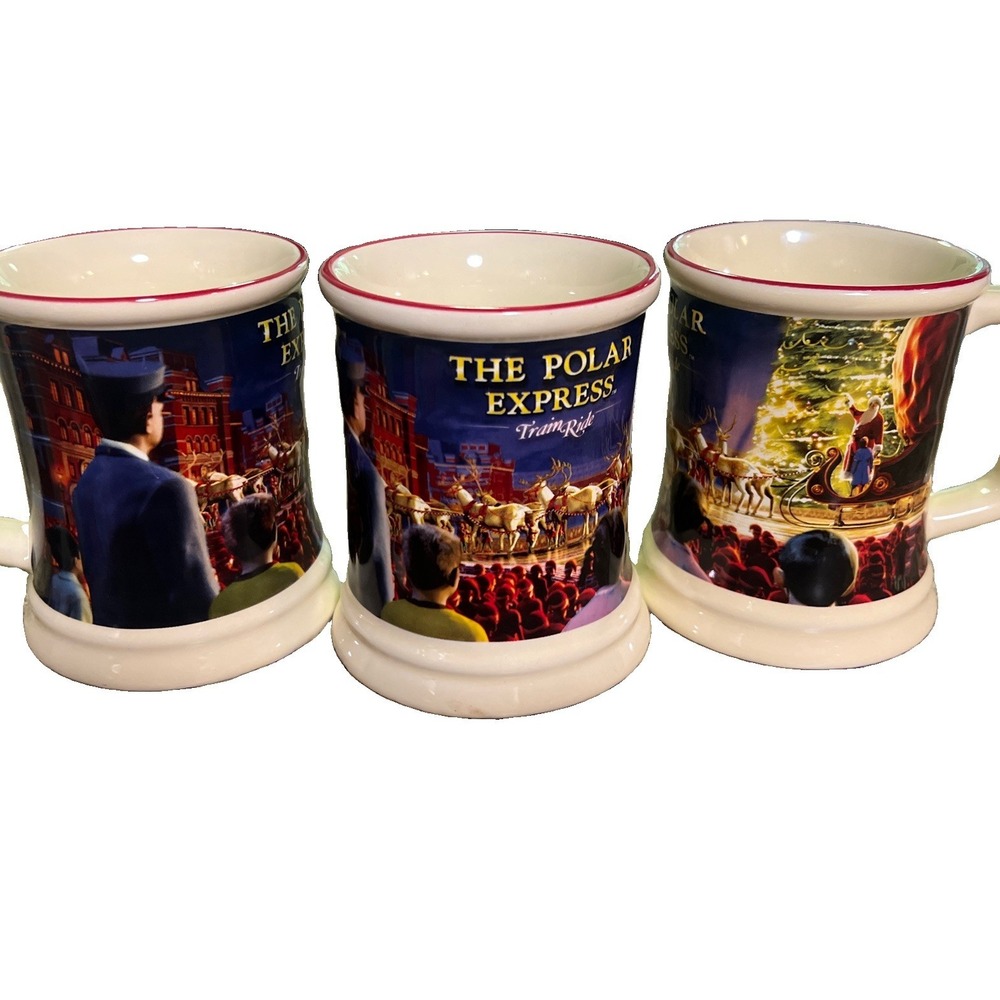 Set of 3 POLAR EXPRESS Train Ride MUGS 3D Ceramic Hot Chocolate 2025 Warner Bros